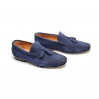 Blue suede loafers with tassels