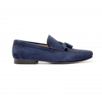 Blue suede loafers with tassels