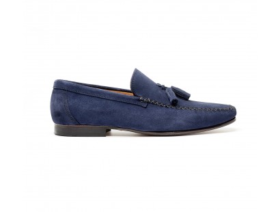 Blue suede loafers with tassels