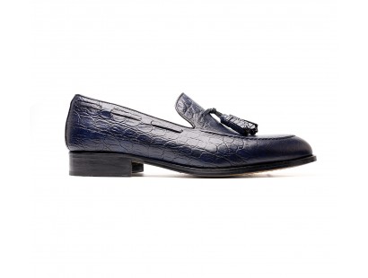 blue embossed calf tassel loafers