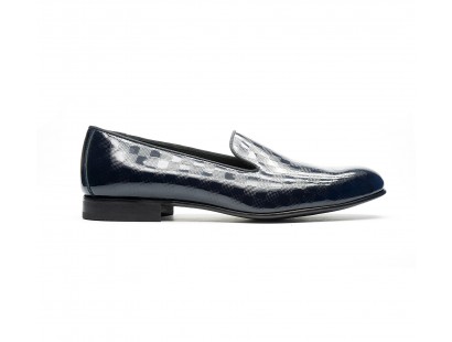 mocassin slip on cuir a damier vernis bleu