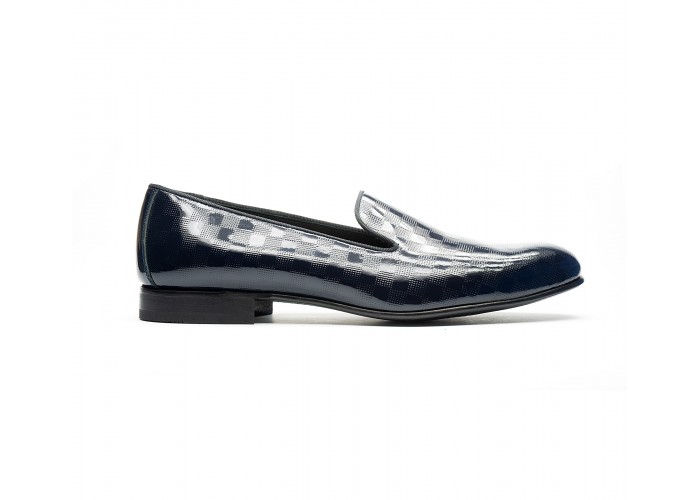 mocassin slip on cuir a damier vernis bleu