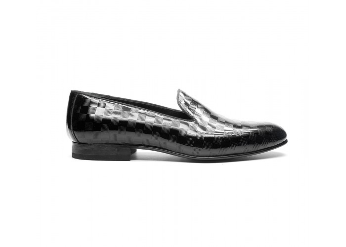 mocassin slip on cuir a damier vernis noir